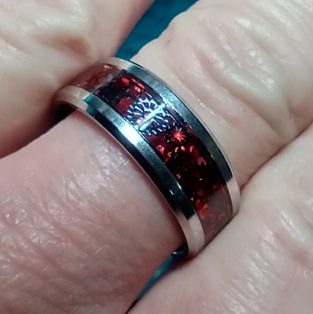 Silvertone red gear industrial band ring gothic